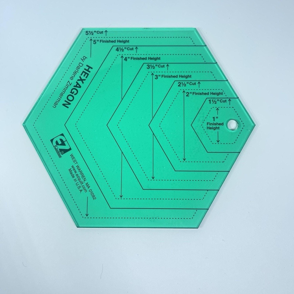E-Z Quilting Hexagon Template Darlene Zimmerman 1"- 5.5" Acrylic Ruler Made USA